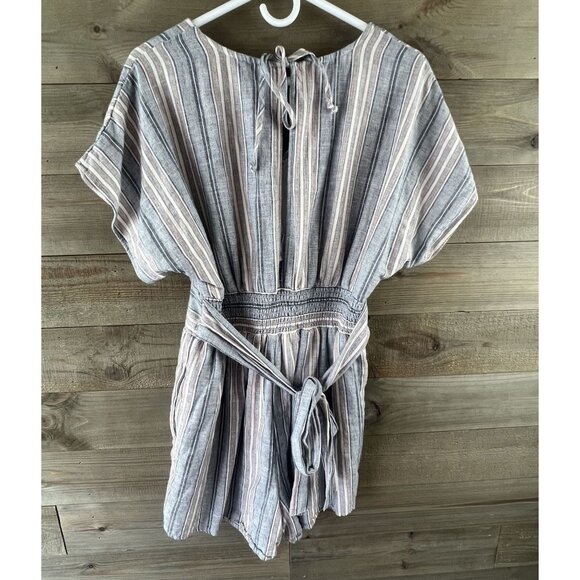 American Eagle Womens Romper Striped VNeck Cinched Waist Linen Blend Large - Picture 8 of 11